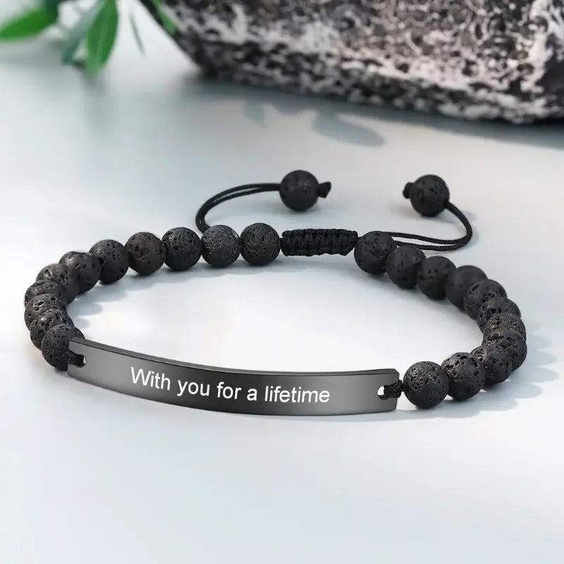 Volcanic Stone Beads Personalised Engraved Bar Couple Bracelets