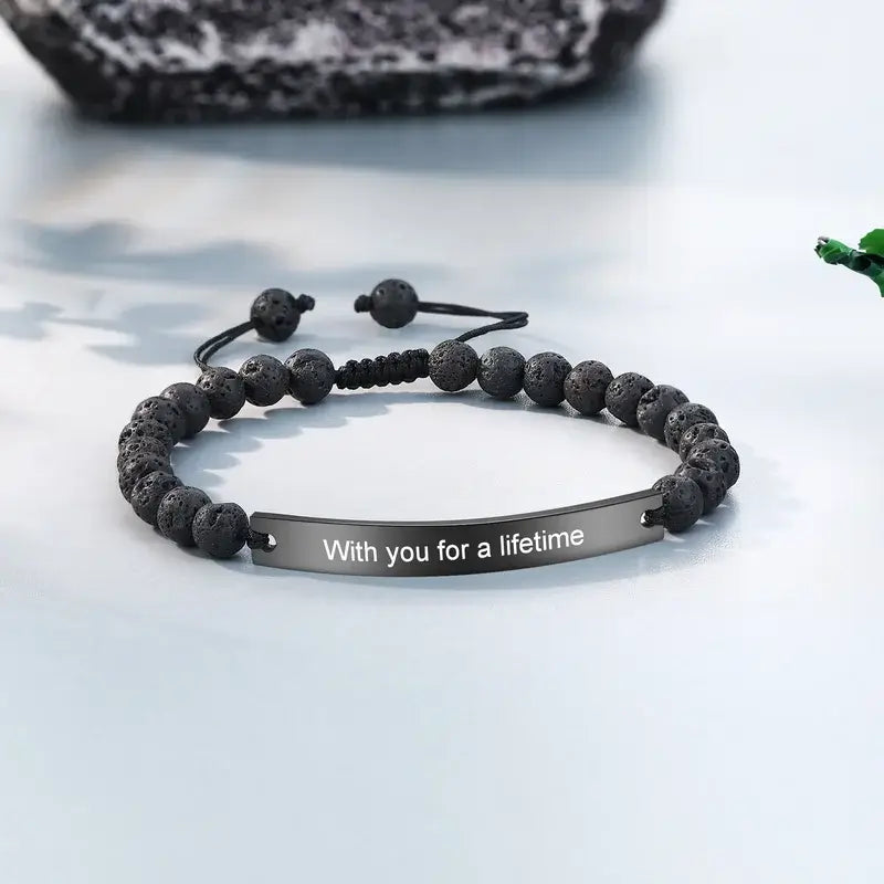 Volcanic Stone Beads Personalised Engraved Bar Couple Bracelets