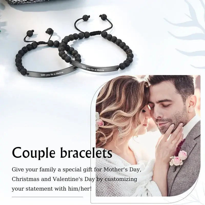 Volcanic Stone Beads Personalised Engraved Bar Couple Bracelets