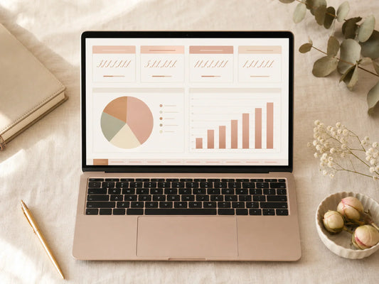 Multi-currency wedding budget tracker spreadsheet on cream linen, with sage and warm brown demi-fine aesthetic — ifshe Wedding Planning