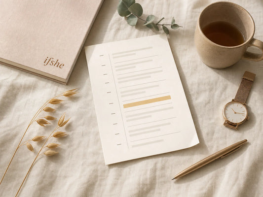 Printed wedding day-of timeline card on cream linen with a soft-gold ceremony anchor band, rose-gold pen, dried oats, tea and a calm watch — ifshe demi-fine planning still life