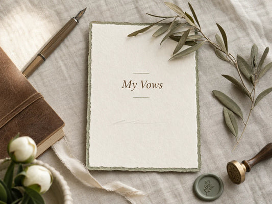 Wedding vow keepsake card on cream linen with dried olive sprig, fountain pen, leather notebook, and wax seal stamp