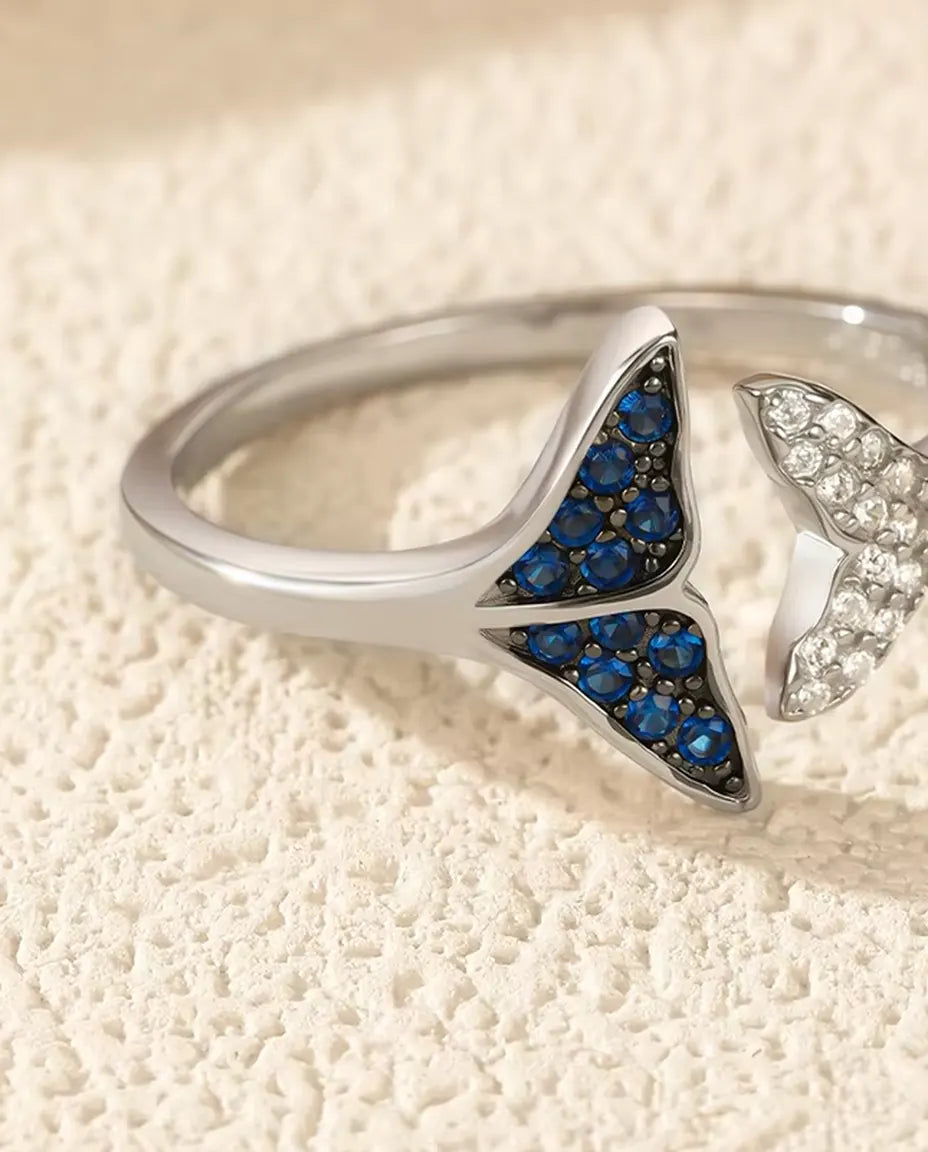 whale tail open adjustable ring with blue and white stones in 925 sterling silver