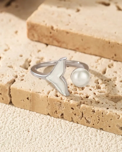 Whale tail open ring in 925 sterling silver with a pearl white bead