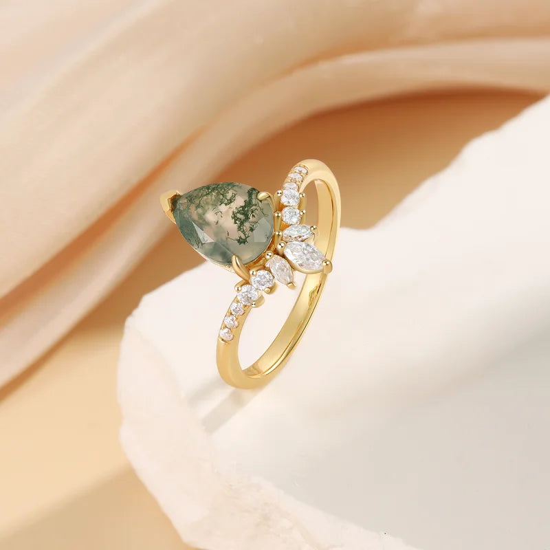 Moss Agate Ring Pear Shape Moss Engagement Ring
