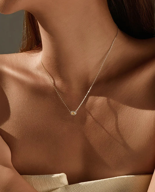 Yellow Moissanite Oval Necklace – East-West Halo Pendant in 925 Sterling Silver, Dainty Trendy