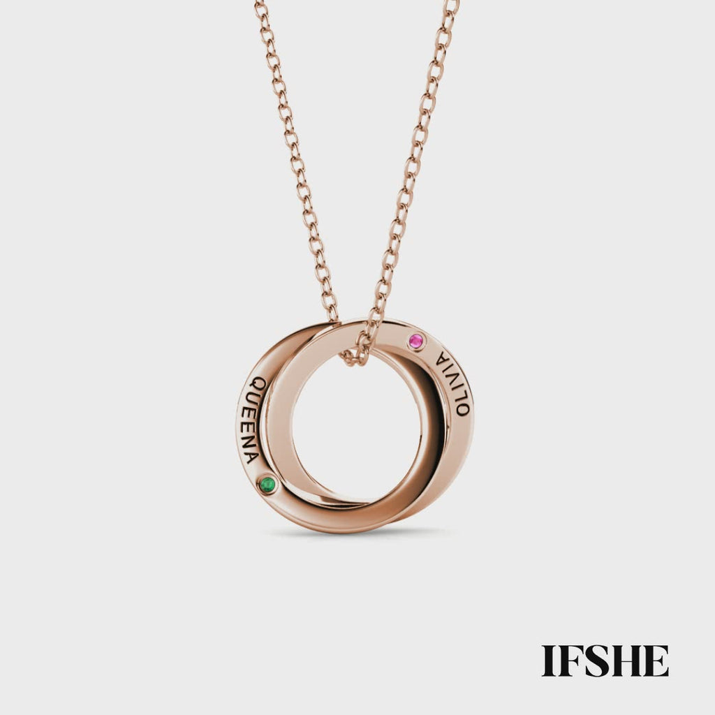 Personalised Russian 2 Ring Necklace with Names and Birthstones Rose Gold