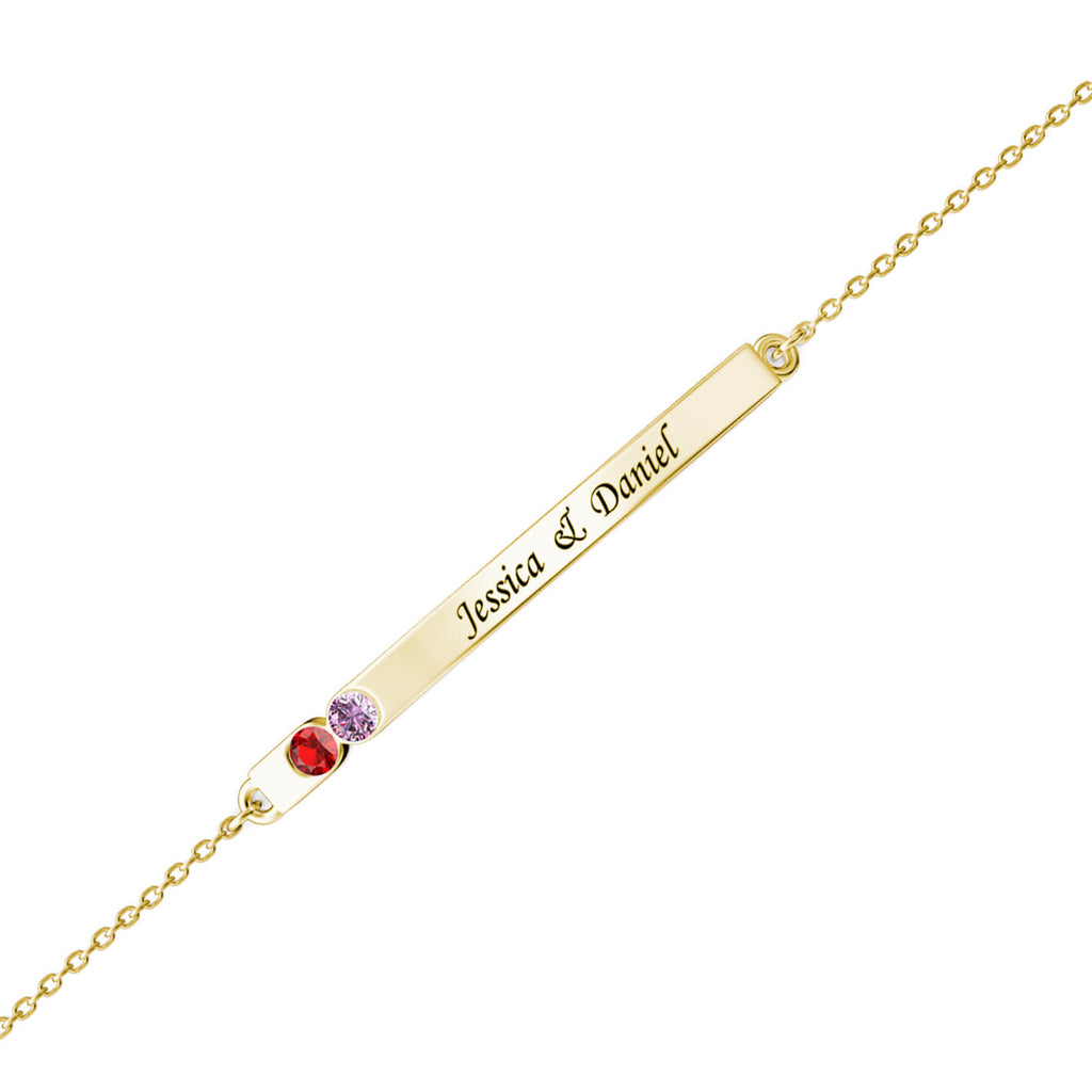 Personalised Engraved Bar Bracelet with Two Birthstones Sterling Silver Yellow Gold