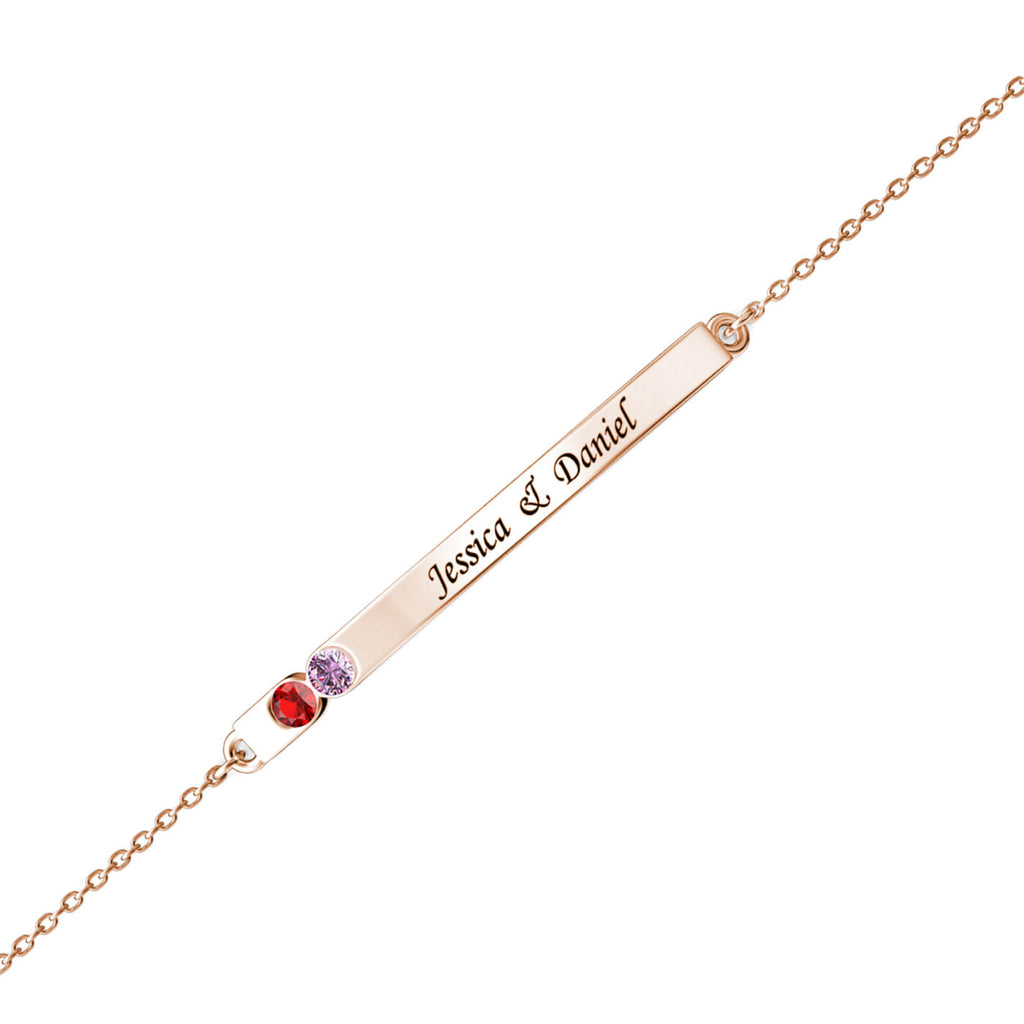 Personalised Engraved Bar Bracelet with Two Birthstones Sterling Silver Rose Gold