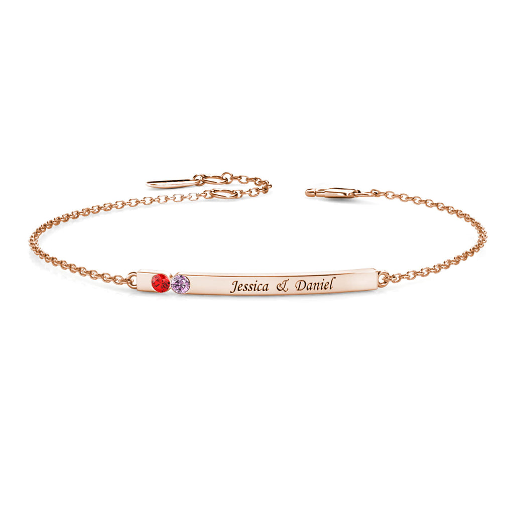 Personalised Engraved Bar Bracelet with Two Birthstones Sterling Silver Rose Gold