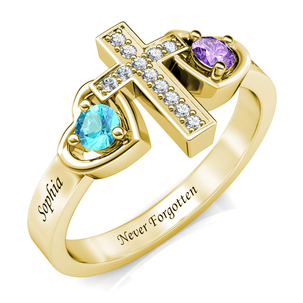 Cross Personalised Birthstones Ring with Engraved Names Yellow Gold
