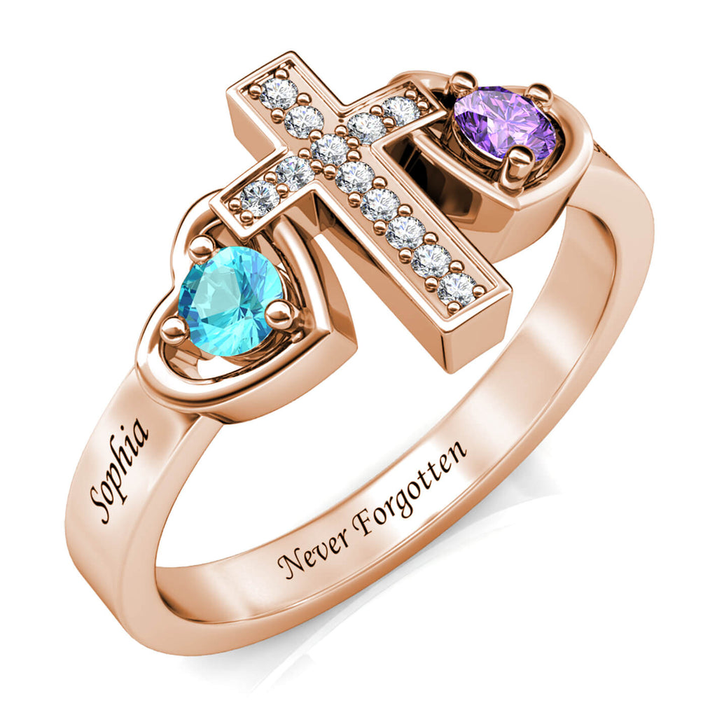 Cross Personalised Birthstones Ring with Engraved Names Rose Gold