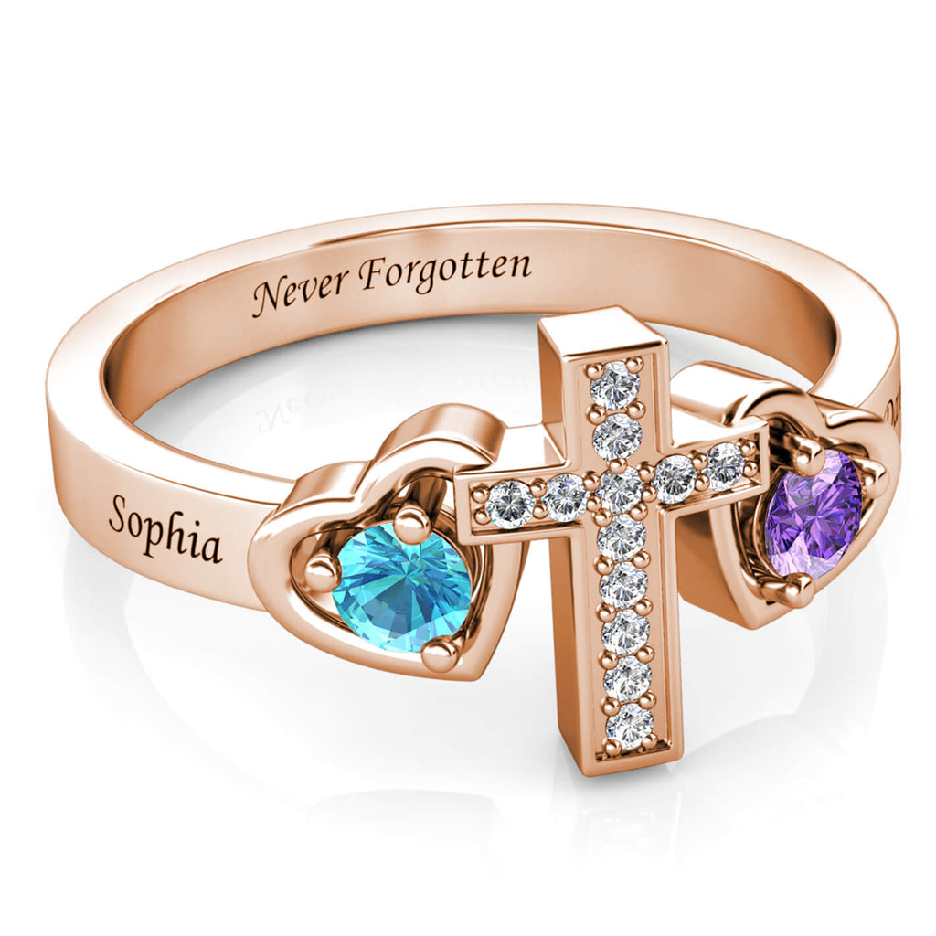 Cross Personalised Birthstones Ring with Engraved Names Rose Gold