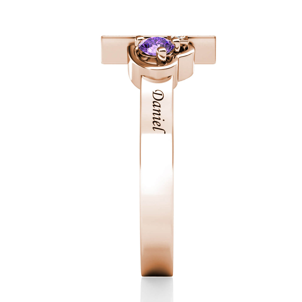 Cross Personalised Birthstones Ring with Engraved Names Rose Gold