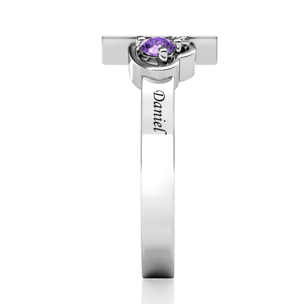 Cross Personalised Birthstones Ring with Engraved Names Sterling Silver