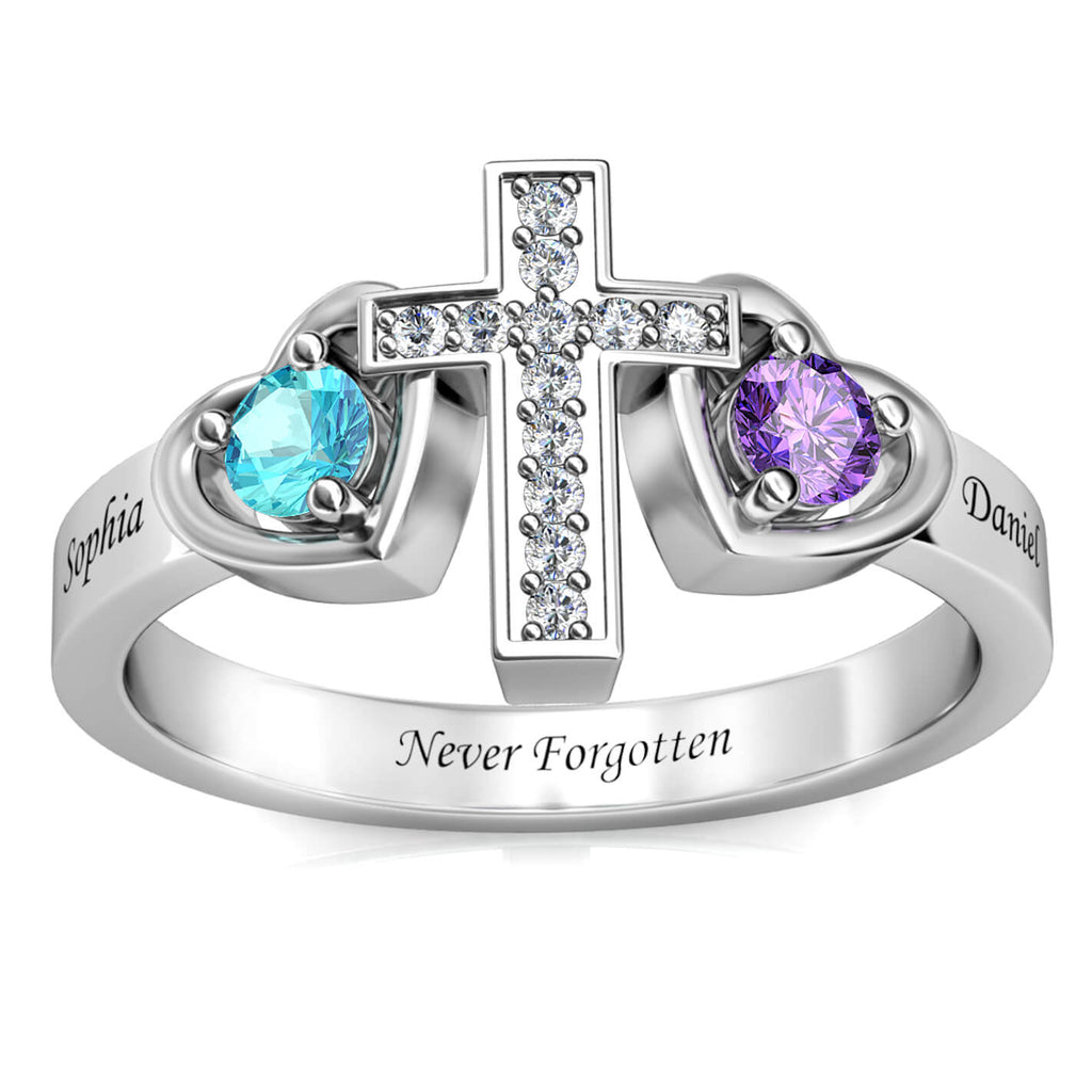 Cross Personalised Birthstones Ring with Engraved Names Sterling Silver