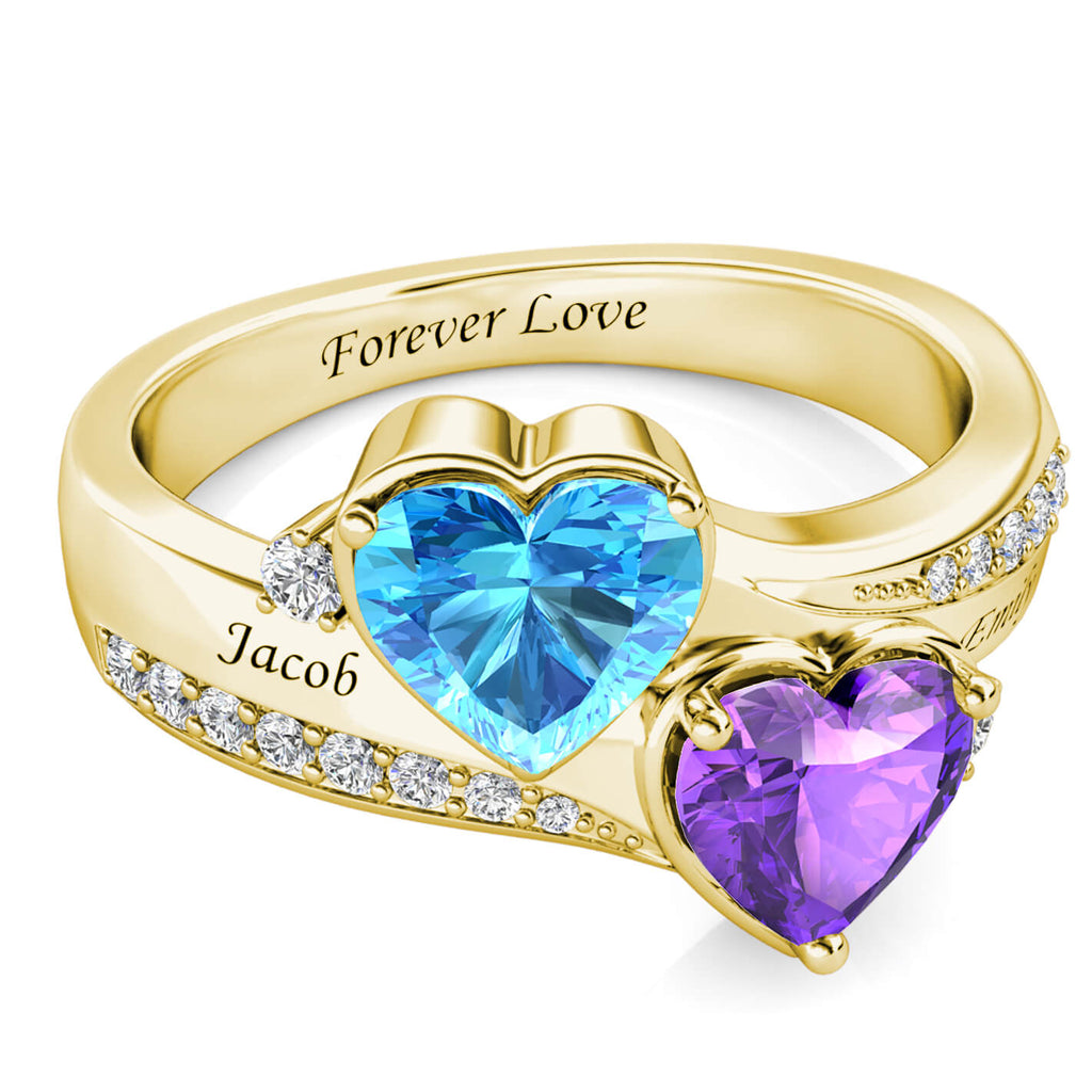 Heart Personalised Birthstones Ring with Engraved Names Yellow Gold