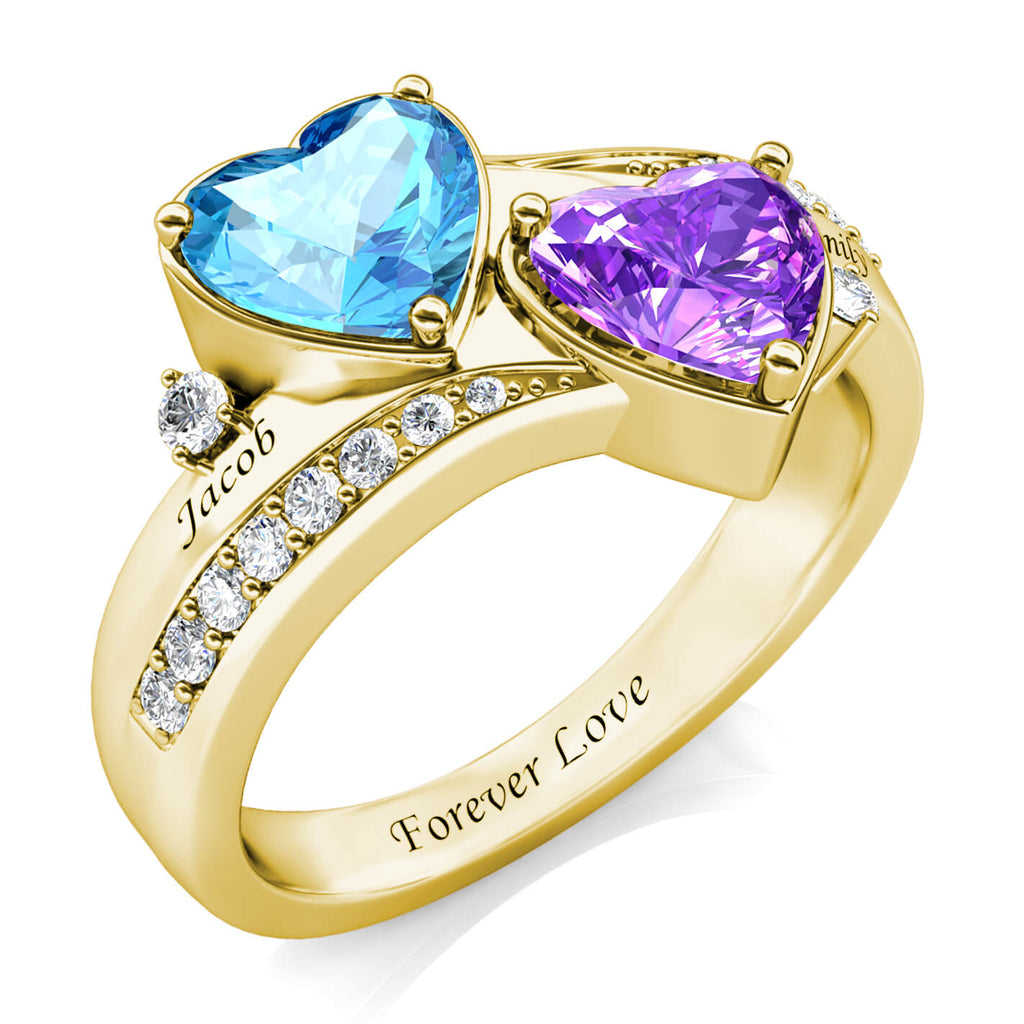 Heart Personalised Birthstones Ring with Engraved Names Yellow Gold
