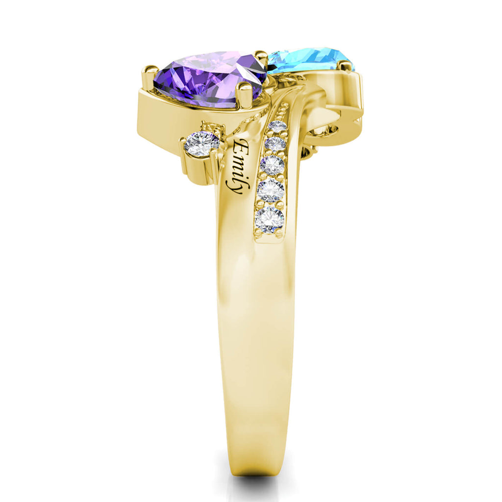 Heart Personalised Birthstones Ring with Engraved Names Yellow Gold