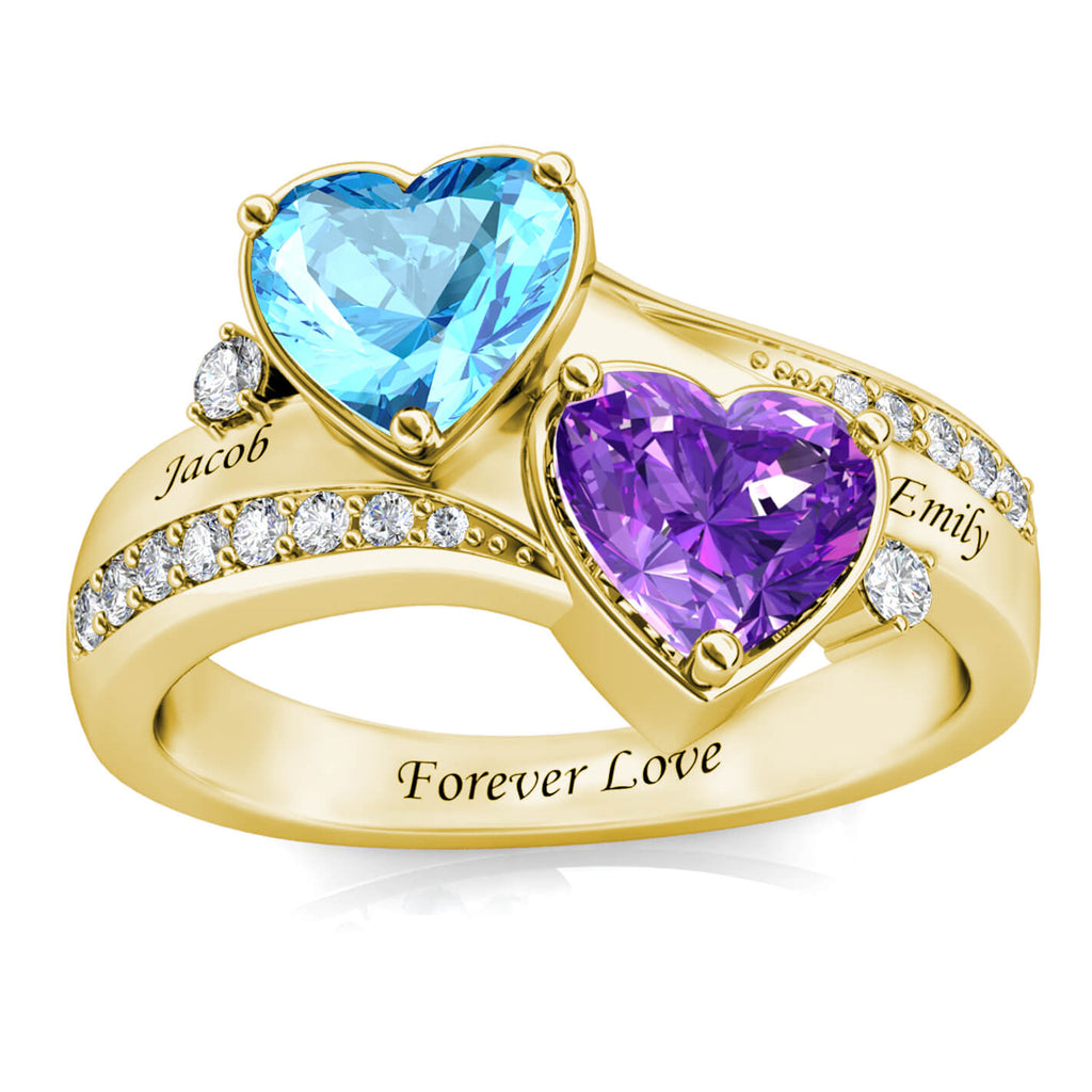 Heart Personalised Birthstones Ring with Engraved Names Yellow Gold