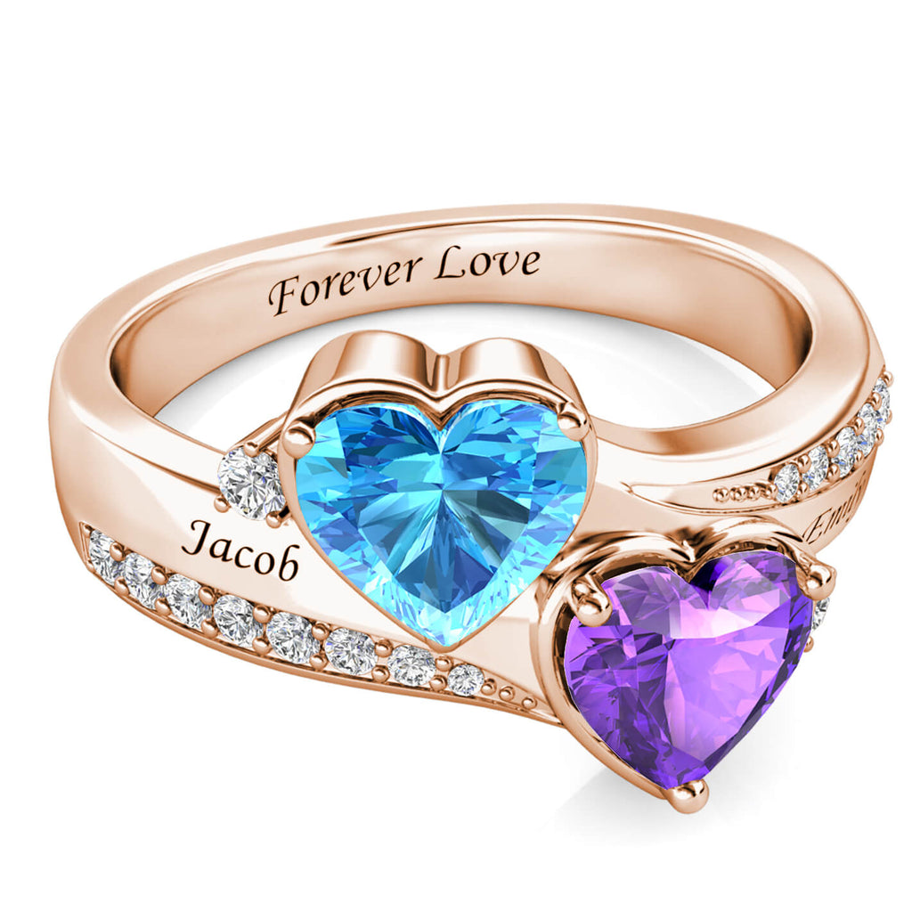 Heart Personalised Birthstones Ring with Engraved Names Rose Gold