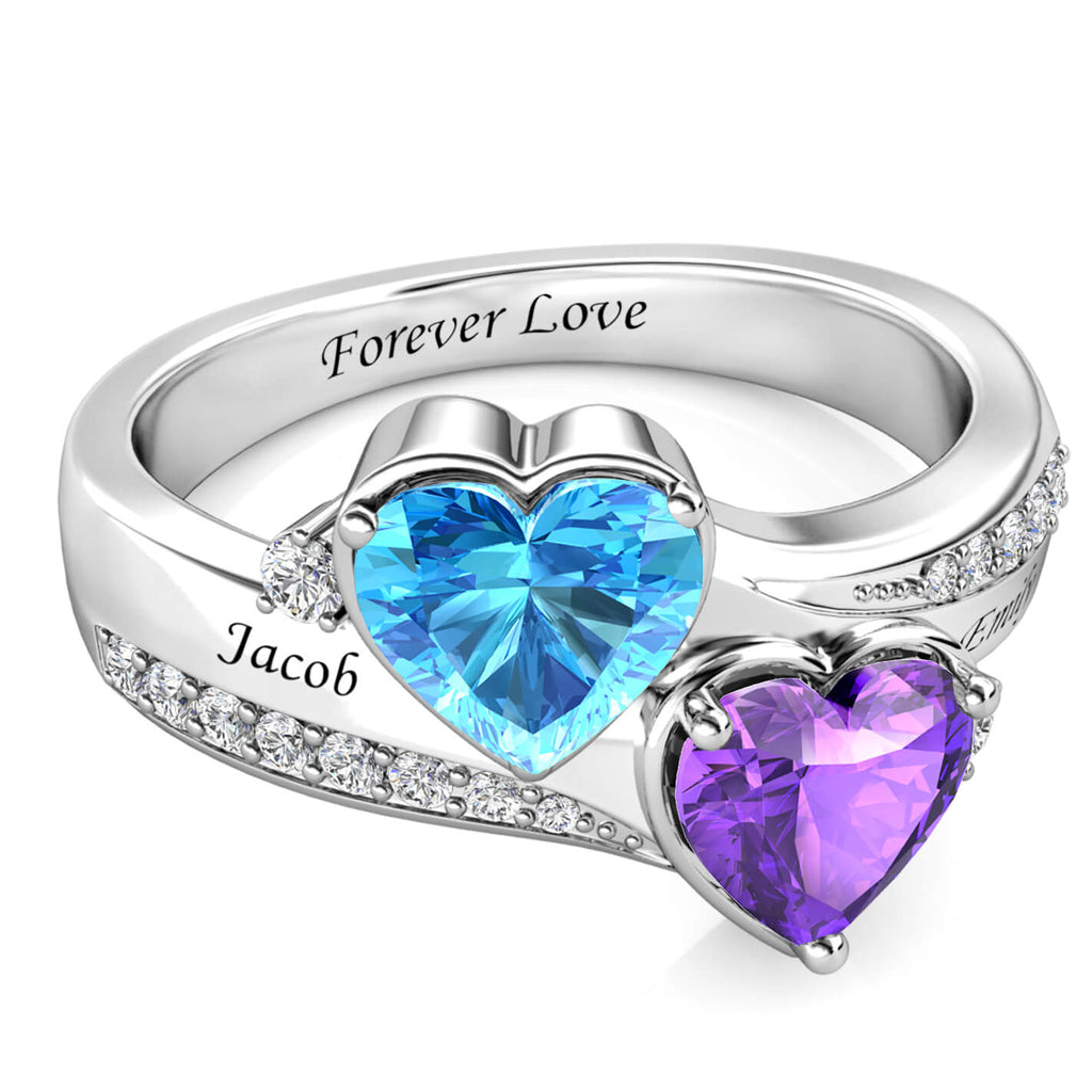Heart Personalised Birthstones Ring with Engraved Names Sterling Silver