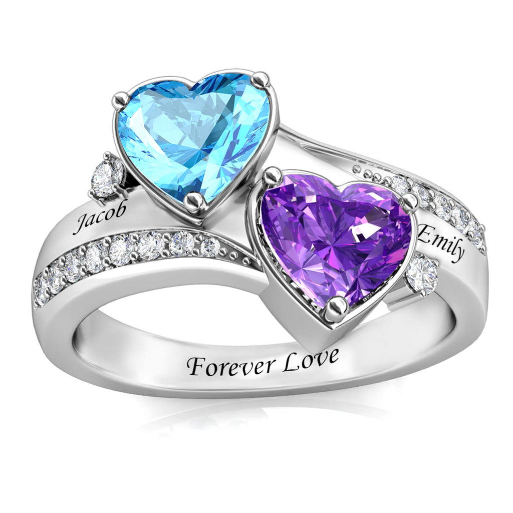 Heart Personalised Birthstones Ring with Engraved Names Sterling Silver