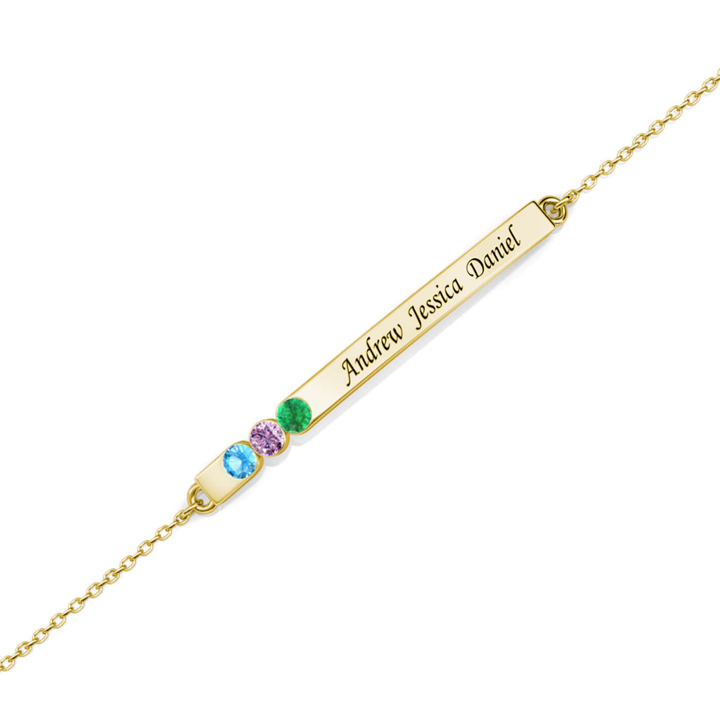 Personalised Engraved Bar Bracelet with Three Birthstones Sterling Silver Yellow Gold