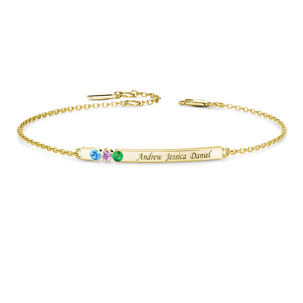 Personalised Engraved Bar Bracelet with Three Birthstones Sterling Silver Yellow Gold