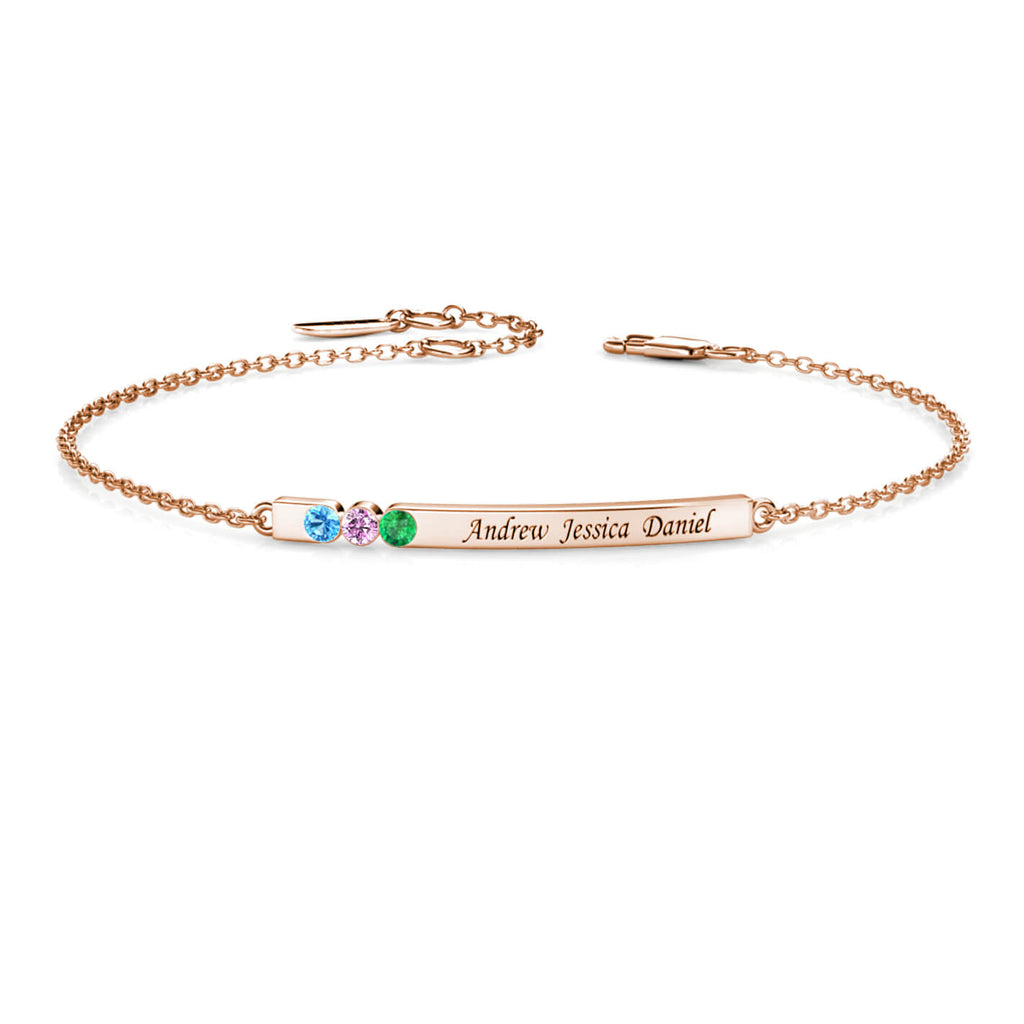 Personalised Engraved Bar Bracelet with Three Birthstones Sterling Silver Rose Gold