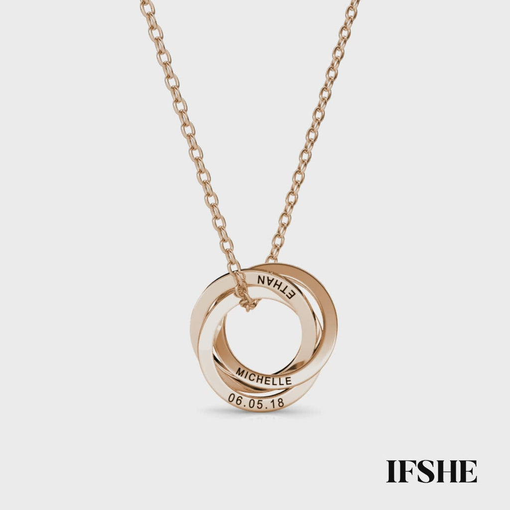 Personalised Russian 3 Ring Necklace with Engraved 3 Names Rose Gold