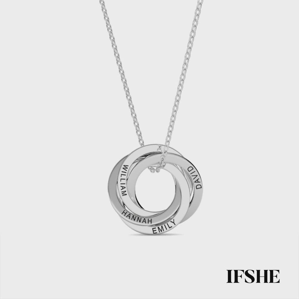 Personalised Russian 4 Ring Necklace with Engraved Names Sterling Silver