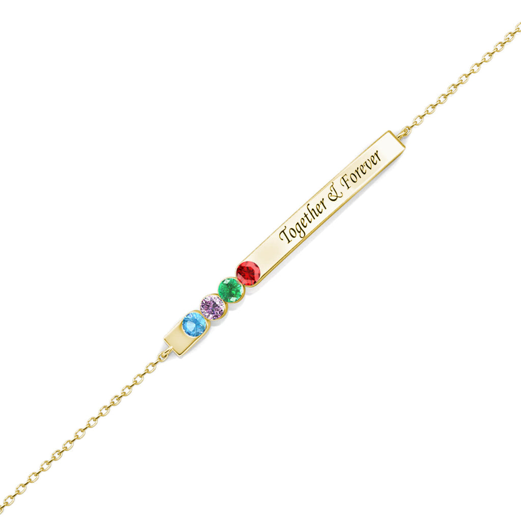 Personalised Engraved Bar Bracelet with Four Birthstones Sterling Silver Yellow Gold