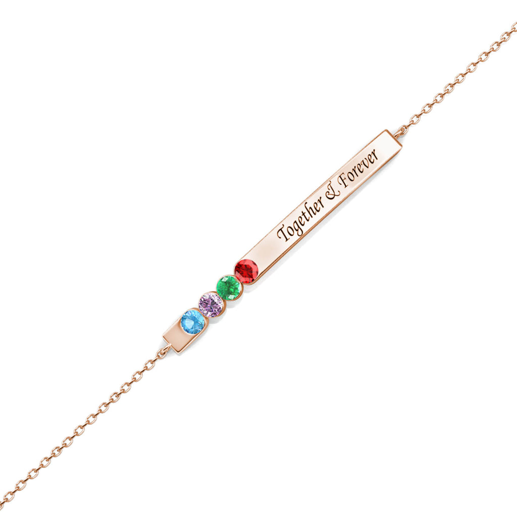 Personalised Engraved Bar Bracelet with Four Birthstones Sterling Silver Rose Gold