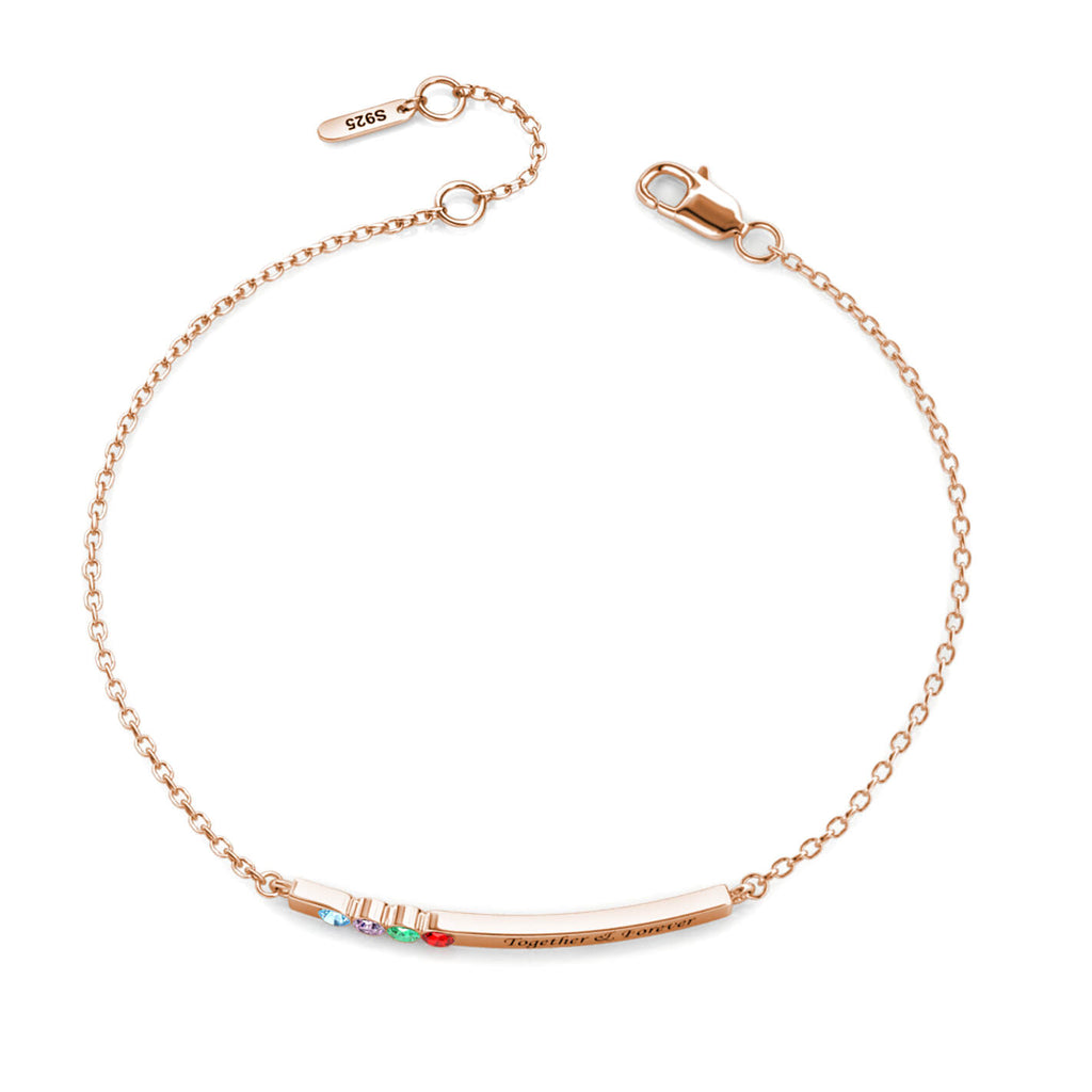 Personalised Engraved Bar Bracelet with Four Birthstones Sterling Silver Rose Gold