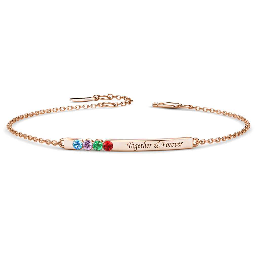 Personalised Engraved Bar Bracelet with Four Birthstones Sterling Silver Rose Gold