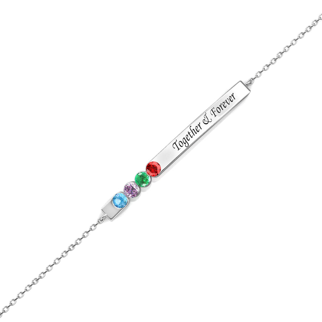 Personalised Engraved Bar Bracelet with Four Birthstones Sterling Silver