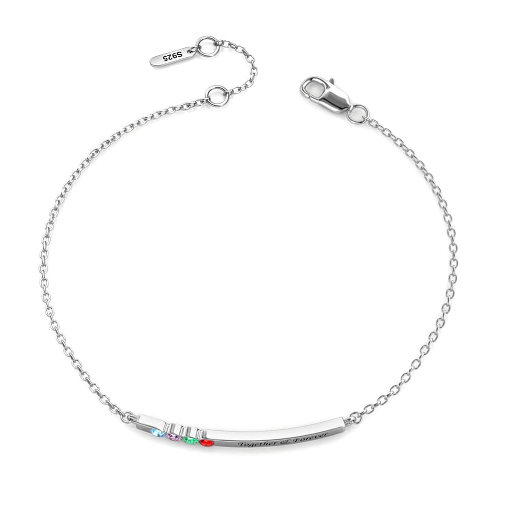Personalised Engraved Bar Bracelet with Four Birthstones Sterling Silver