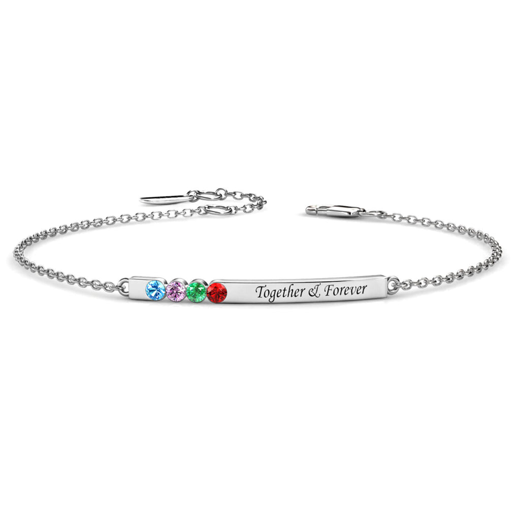 Personalised Engraved Bar Bracelet with Four Birthstones Sterling Silver