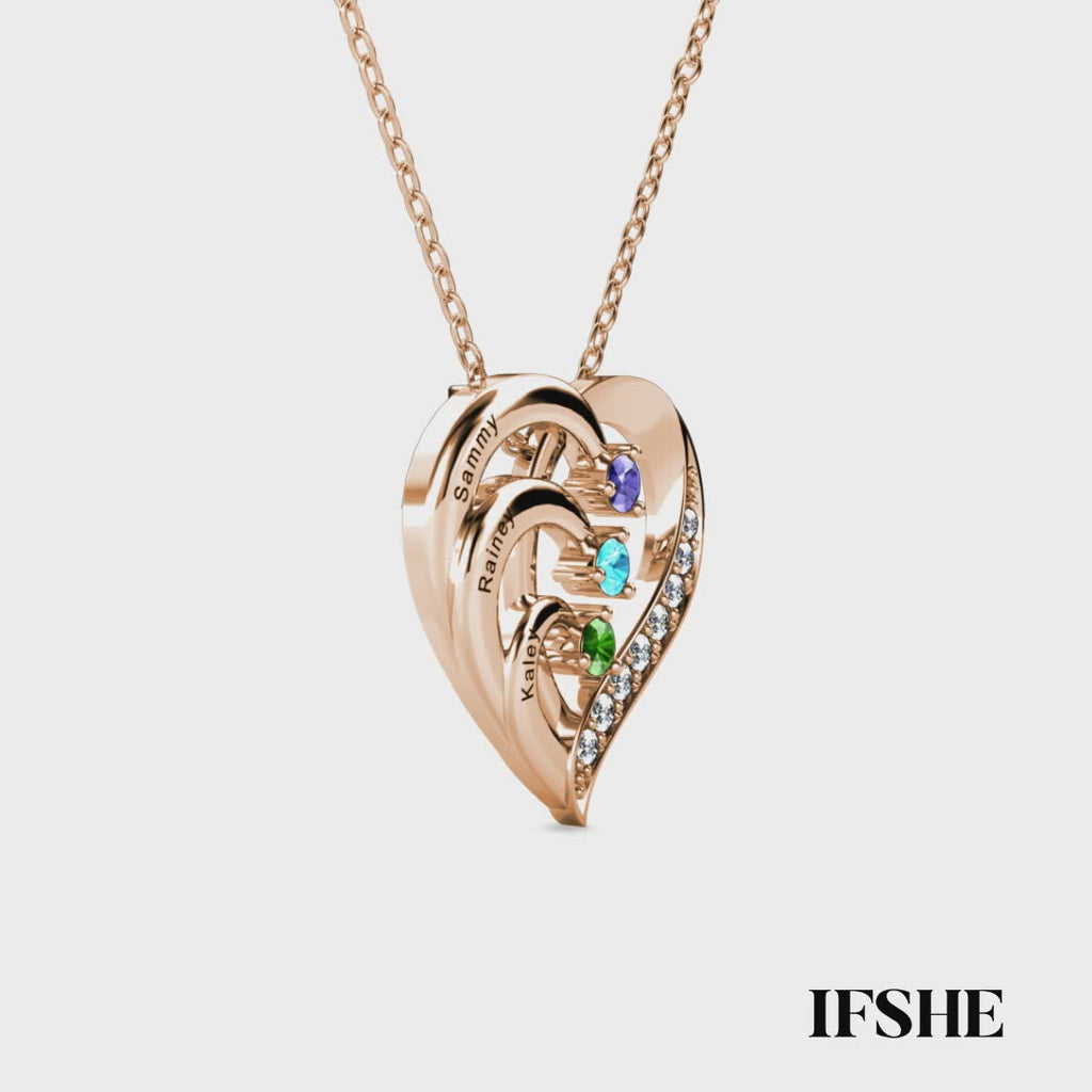 Personalised Heart Necklace with 3 Birthstones and 3 Engraved Names Rose Gold