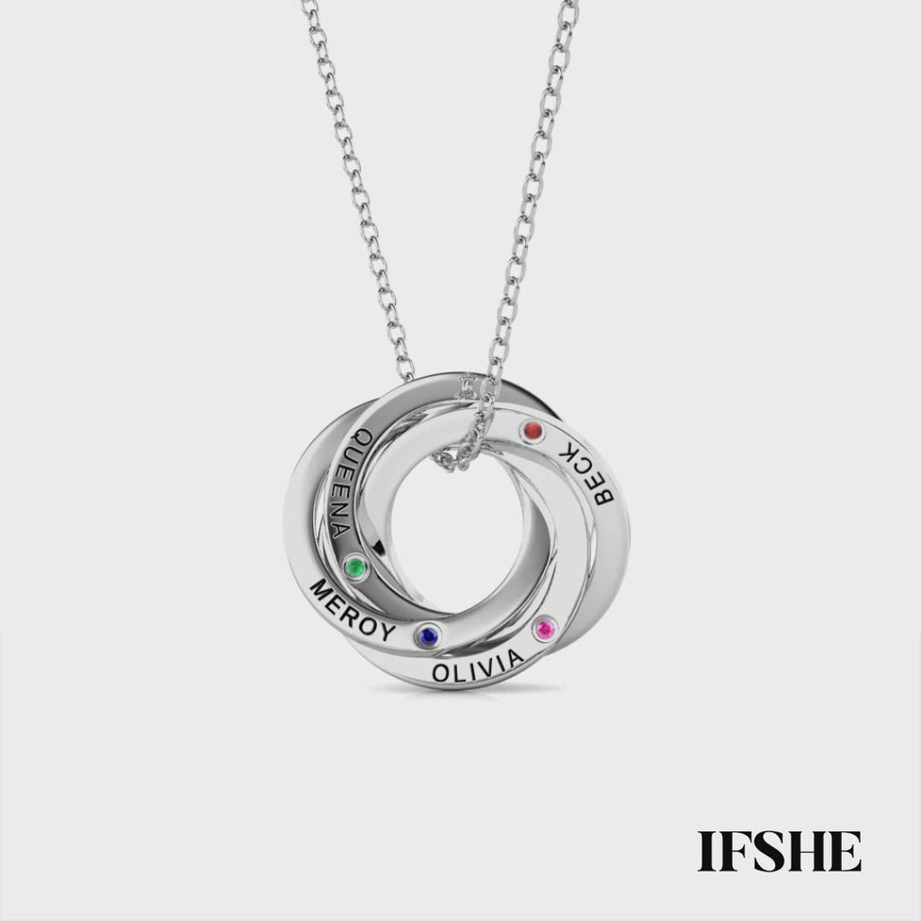 Personalised Russian 4 Ring Necklace with Names and Birthstones