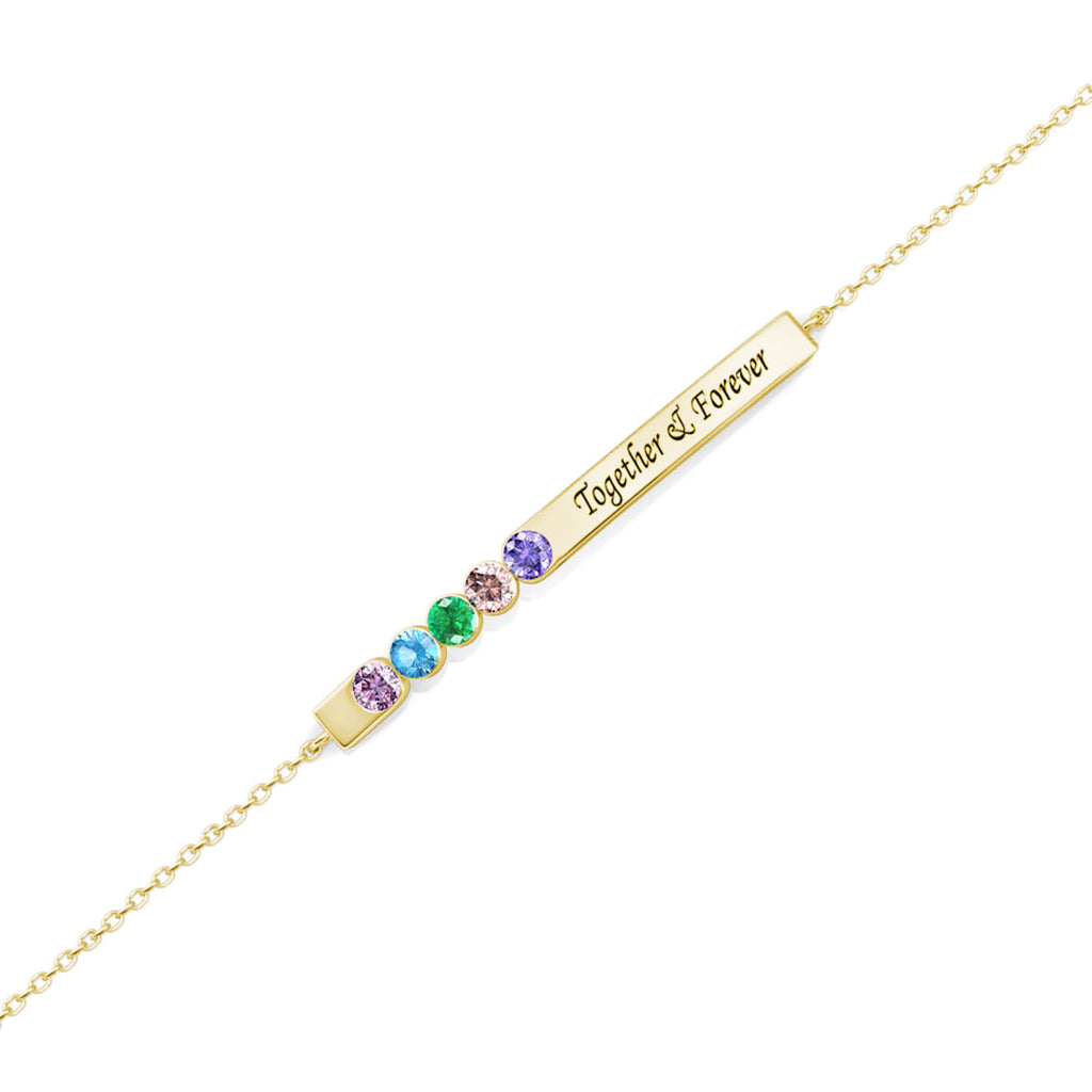 Personalised Engraved Bar Bracelet with Five Birthstones Sterling Silver Yellow Gold