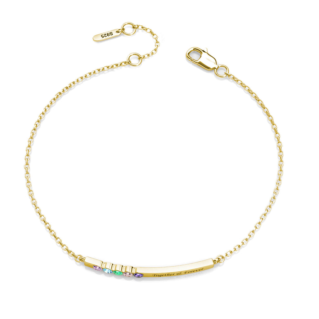 Personalised Engraved Bar Bracelet with Five Birthstones Sterling Silver Yellow Gold