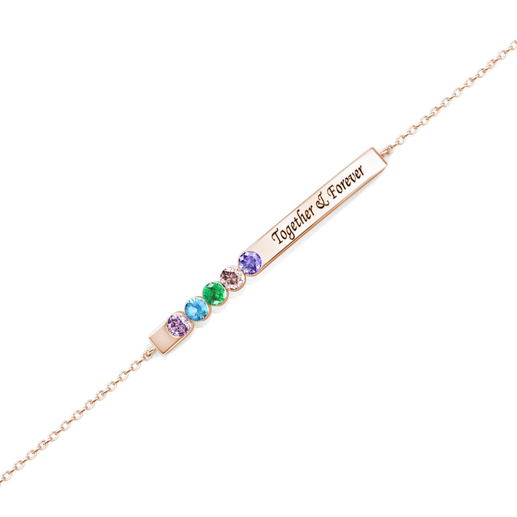 Personalised Engraved Bar Bracelet with Five Birthstones Sterling Silver Rose Gold