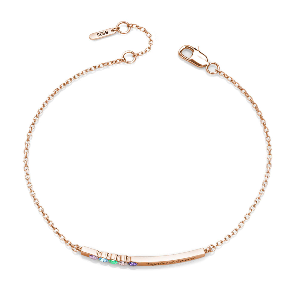 Personalised Engraved Bar Bracelet with Five Birthstones Sterling Silver Rose Gold