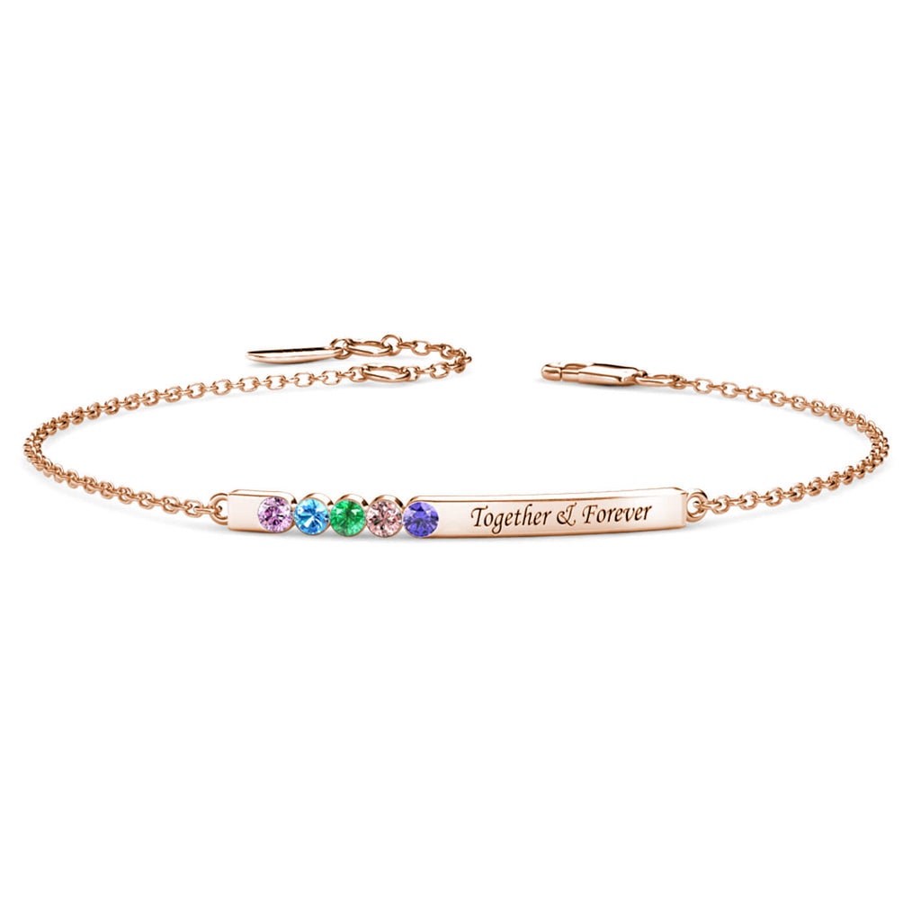 Personalised Engraved Bar Bracelet with Five Birthstones Sterling Silver Rose Gold