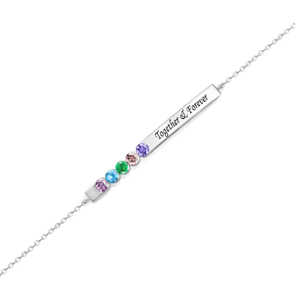 Personalised Engraved Bar Bracelet with Five Birthstones Sterling Silver