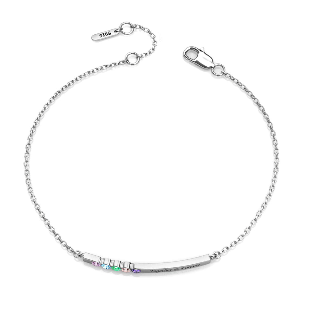 Personalised Engraved Bar Bracelet with Five Birthstones Sterling Silver