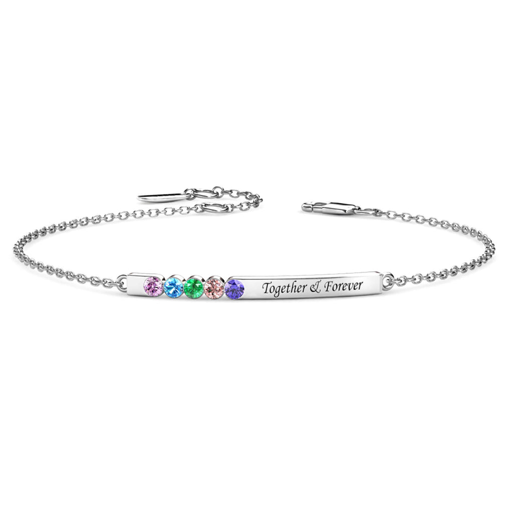 Personalised Engraved Bar Bracelet with Five Birthstones Sterling Silver