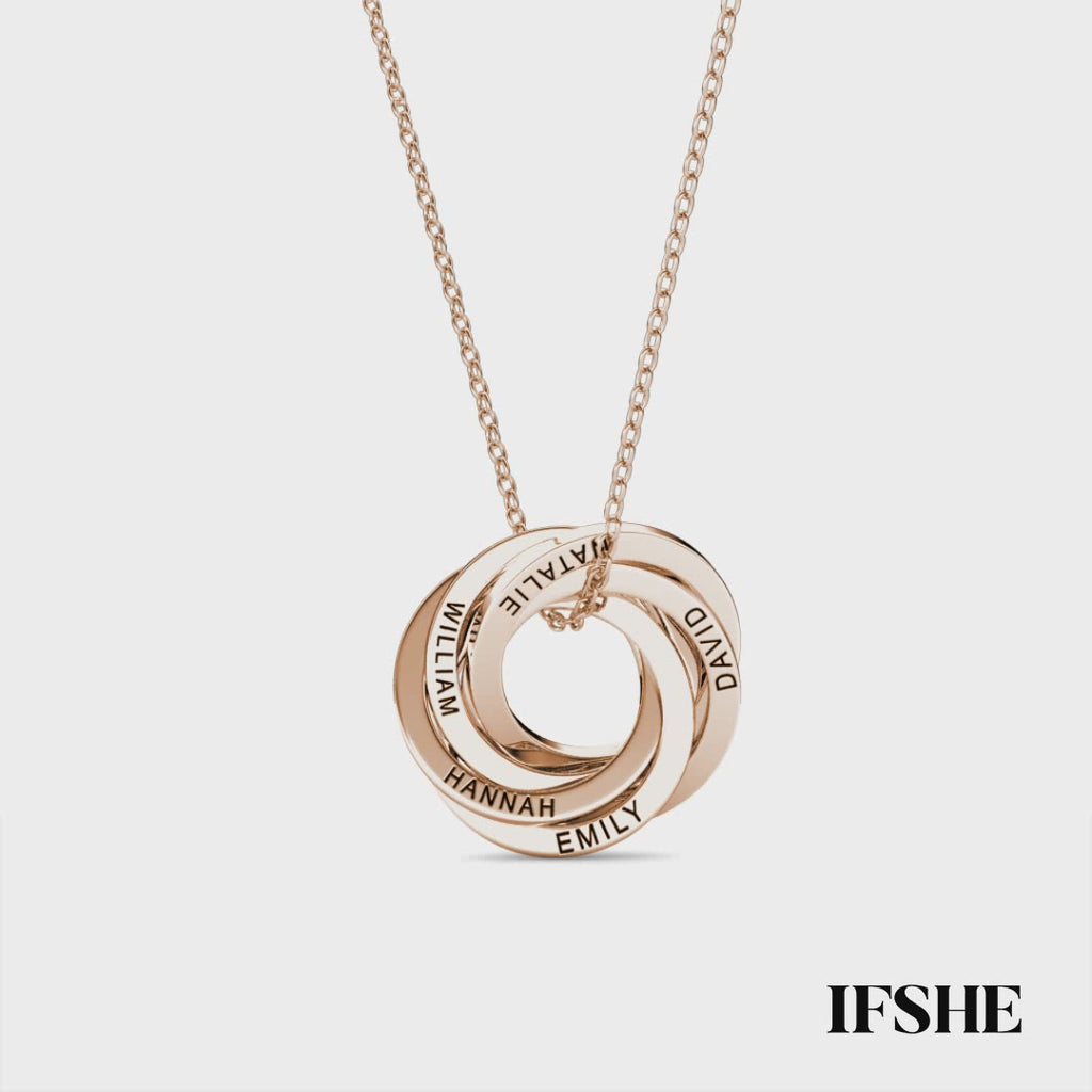 Personalised Russian 5 Ring Necklace with Engraved 5 Names Rose Gold